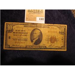1307 _ Series 1929 $10 National Currency "The First National Bank and Trust Company of Kalamazoo, Mi