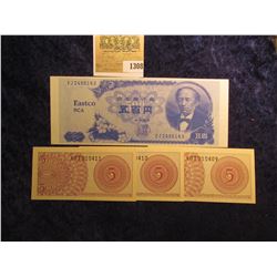 1308 _ "Eastco RCA 100 Yen" Specimen Note; and three consecutive serial number Five Sen Banknotes fr