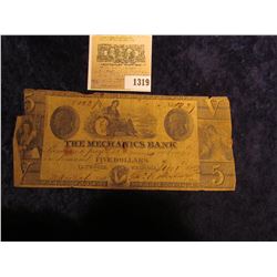 1319 _ 1853 $5 Broken Banknote from "The Mechanics Bank Augusta, Georgia", woman seated in central v