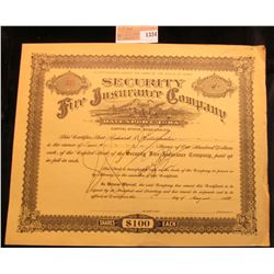 1334 _ 1923/4 Stock Certificate No. 639 for Four Shares of "Security Fire Insurance Company Davenpor