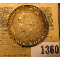 1360 _ 1929 Silver Five Francs from Luxembough. EF.