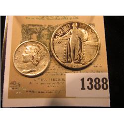 1388 _ 1927 D Mercury Dime, VF Cleaned; & 1919 S Standing Liberty Quarter, Fine, cleaned.