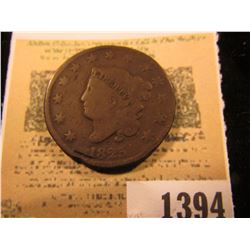 1394 _ 1825 U.S. Large Cent in an old time cardboard folder.