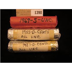 1398 _ 1955 D, 57 D, & 69 S Original BU Rolls of Lincoln Cents.