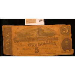 1408 _ Series 1864 Confederate States 5-Dollar Note. Good.