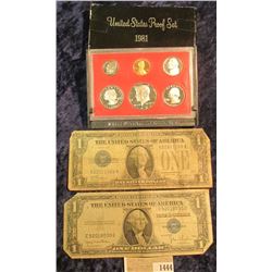 1444 _ 1981 S US Proof Set, Series 1928 A & 1935 D 1-Dollar Siler Certificates.