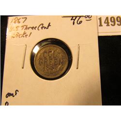 1499 _ 1867 U.S. Three Cent Nickel. Engraved on Rev. "Col./Green/1867".