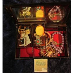 1533 _ Mirrored Plastic Jewelry Box with swirled wood design containing a variety of old Costume Jew