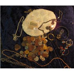 1537 _ White H& made Beaded & clasp lock Purse containing  a variety of costume Jewelry & Foreign co