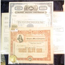 1571 _ Blank Originals for a "Fine Foods" Menu (no prices); 1967 Stock Certifcate for 30 Shares "Fal