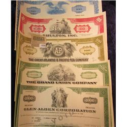 1579 _ (5) Different Stock Certificates: "The Gr& Junction Company"; "Glen Alden Corporation"; "The 