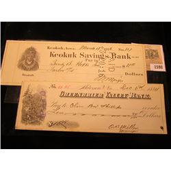 1598 _ 1916 Check depicting Chief Keokuk "Keokuk Savings Bank", Keokuk, Ia.; & 1884 cancelled check 