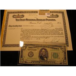 1664 _ 1946 Stock Certificate for Five Shares "The First National Bank of Pomona", Pomona, Californi