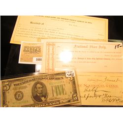 1666 _ Unissued "Fractional Share Scrip…Dubuque & Sioux City Railroad Company"; 1895 Check "First Na