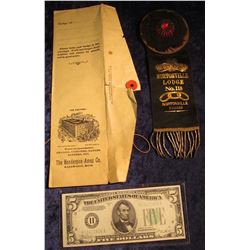 1690 _ "I.O.O.F. Nortonville Lodge No. 118 Nortonville Kansas" Badge with original envelope from "Th