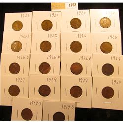 1768 _ (4) 1920P, (1) S, 25P, (2) 26P, (3) D, (2) 27P, (3) 29P, & (2) S Wheat Cents, most are Fine t