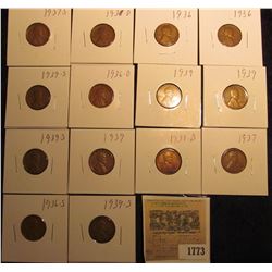 1773 _ (2) 1936P, D, S, 37P, D, S, 38D, (3) 39P, & (3) 39S Wheat Cents, most are VG to F. All carded