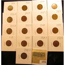 1774 _ (3) 1936P, D, S, (3) 37P, D, S, 38P, (3) 39P, & (3) 39S Wheat Cents, most are VG to F. All ca