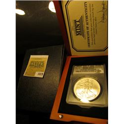 1819 _ Hard wood cased ANACS slabbed 2008 MS70 Silver Eagle First Day of Issue ANACS Certified #0996
