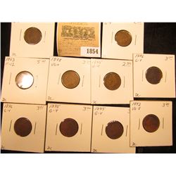 1854 _ 1892, (3) 1893, (3) 1895, (2) 1896, & 1898 Indian Head Cents grading Good to Fine, carded and