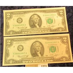 1855 _ Pair of Series 1976 Two Dollar Federal Reserve Notes, CU and with Sequential Numbers.