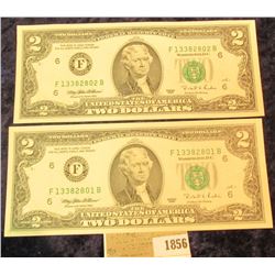 1856 _ Pair of Series 1995 Two Dollar Federal Reserve Notes, CU and with Sequential Numbers.