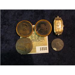 1858 _ Pair of 1860-80 era Portrait Pin-Backs; Caterpillar Diesel Power Medal; 17 Jewel Swiss Moveme