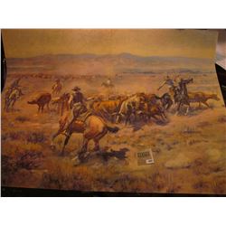 1882 _ Large Print of a C.M. Russell 1913 era Painting of Cowboys lassoing Cattle.