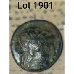 1901 _ Ca. 405-415 B.C.E. Hellinistic Period Greek Bronze. Helmeted head obverse, reverse depicts Bu