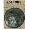 Image 1 : 1901 _ Ca. 405-415 B.C.E. Hellinistic Period Greek Bronze. Helmeted head obverse, reverse depicts Bu