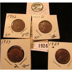 1924 _ 1931 D EF, 37P BU, 37S EF, 43P BU Lincoln Cents; & 1902 Indian Head Cent, EF.