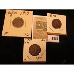 1926 _ 1859 Good, 1878 Good, & 1909 P VF Indian Head Cents.