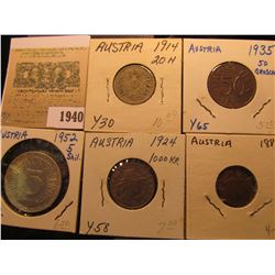 1940 _ (5) Austria Type Coins dating from 1861 to 1952.