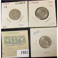 1981 _ 1934, 1937 Dot, & 1942 AU-BU Canada Nickels.