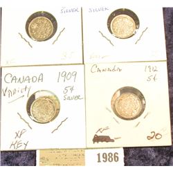 1986 _ 1906, 1908, 1909, & 1912 Canada Five Cent Silvers. All EF-AU.