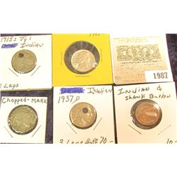 1987 _ (3) Dead Indian Head Nickels; 1943 P Silver War Nickel AU; & 1892 Indian Head Cent made into 