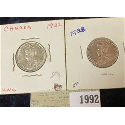 1992 _ 1922 & 28 Canada Nickels, Brilliant Uncirculated.