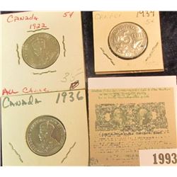 1993 _ 1922, 34, & 36 Canada Nickels, Brilliant Uncirculated.