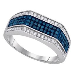 0.75 CTW Mens Blue Color Diamond Triple Flat Surface Ring 10KT White Gold - REF-49H5M