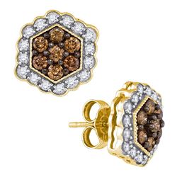 0.90 CTW Cognac-brown Color Diamond Hexagon Flower Earrings 10KT Yellow Gold - REF-41H9M