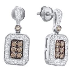 0.50 CTW Cognac-brown Color Diamond Rectangle Dangle Earrings 14KT White Gold - REF-67N4F