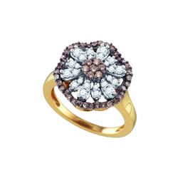 0.70 CTW Cognac-brown Color Diamond Flower Cluster Ring 10KT Yellow Gold - REF-52X4Y