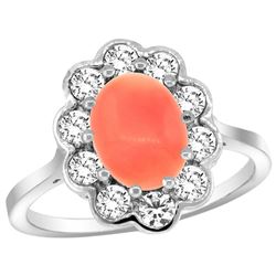 Natural 2.58 ctw Coral & Diamond Engagement Ring 14K White Gold - REF-80X2A