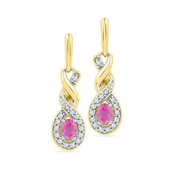 0.60 CTW Oval Created Pink Sapphire Dangle Earrings 10KT Yellow Gold - REF-22Y4X