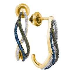 0.25 CTW Green Blue Color Diamond Half J Hoop Earrings 10KT Yellow Gold - REF-22X4Y