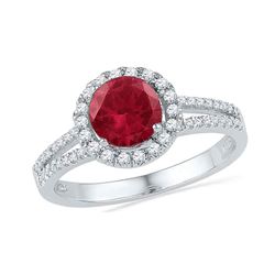 1.6 CTW Created Ruby Solitaire Diamond Halo Ring 10KT White Gold - REF-26K3W