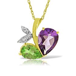 Genuine 4.06 ctw Amethyst, Peridot & Diamond Necklace Jewelry 14KT Yellow Gold - REF-59R2P