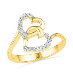 0.08 CTW Diamond Double Heart Love Ring 10KT Yellow Gold - REF-13M4H