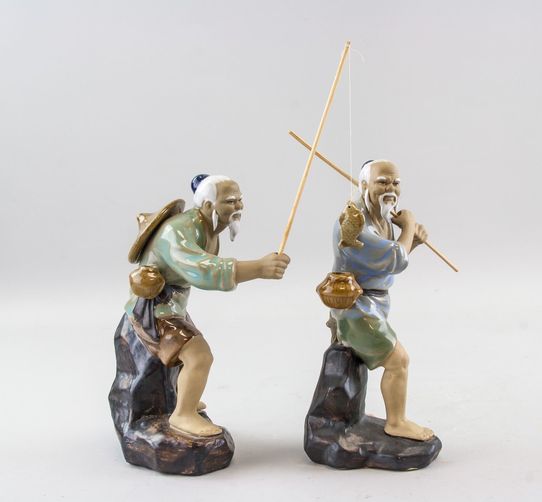 Chinese Pottery Old Fishing Men Statues Wanjiang