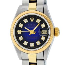 Rolex Ladies Two Tone 14K Blue Vignette Diamond Datejust Wristwatch